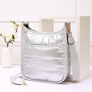 Silver Puffer Cross Body Bag Purse Womens Fashion Accessory Statement Quilted